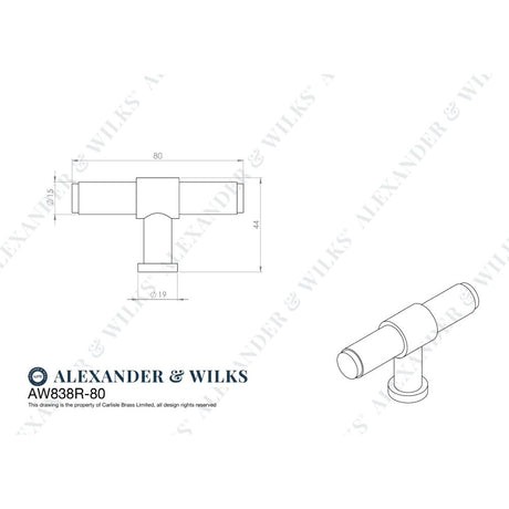 Line technical drawing image of Alexander & Wilks Kingston Reeded T-Bar Cupboard Knob-Dark Bronze PVD | Sku. AW838R-80-DBZPVD | Trade Door Handles.