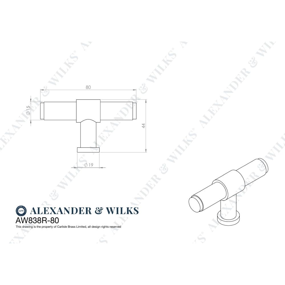 Line technical drawing image of Alexander & Wilks Kingston Reeded T-Bar Cupboard Knob-Satin Brass PVD | Sku. AW838R-80-SBPVD | Trade Door Handles.