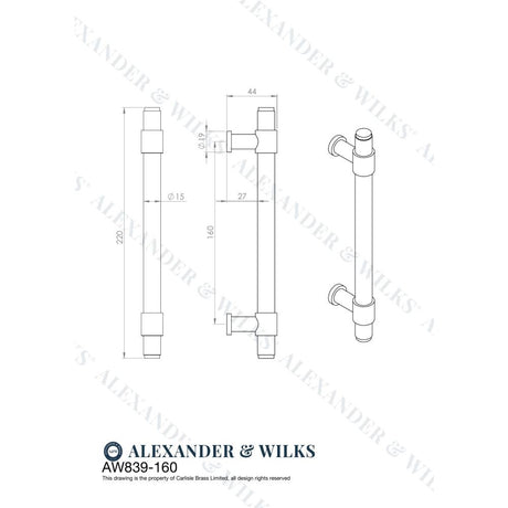 Line technical drawing image of Alexander & Wilks Kingston Knurled Pull Handle-Black-160mm c/c | Sku. AW839-160-BL | Trade Door Handles.