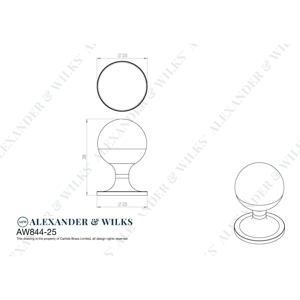 Line technical drawing image of Alexander & Wilks Plain Caesar Cabinet Knob-Satin Nickel PVD-25mm | Sku. AW844-25-SN | Trade Door Handles.