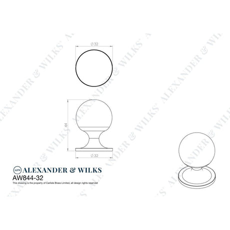 Line technical drawing image of Alexander & Wilks Plain Caesar Cabinet Knob-Satin Nickel PVD-32mm | Sku. AW844-32-SN | Trade Door Handles.
