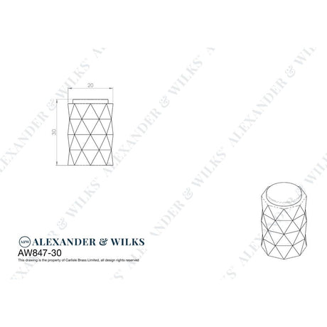 Line technical drawing image of Alexander & Wilks Diamond Cut Cylinder Cabinet Knob - 30mm - Dark Bronze PVD | Sku. aw847-30-dbzpvd | Trade Door Handles.