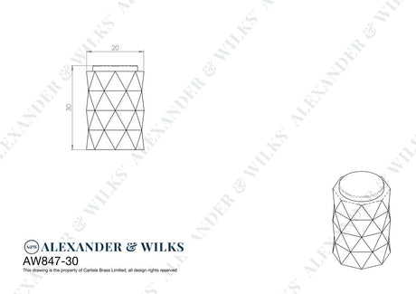This is an image showing Alexander & Wilks Diamond Cut Cylinder Cabinet Knob - 30mm - Satin Brass PVD - AW847-30-SBPVD available to order from Trade Door Handles in Kendal, quick delivery and discounted prices.