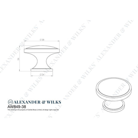Line technical drawing image of Alexander & Wilks - Cambridge Round Cupboard Knob - Polished Chrome | Sku. aw849-38-pc | Trade Door Handles.