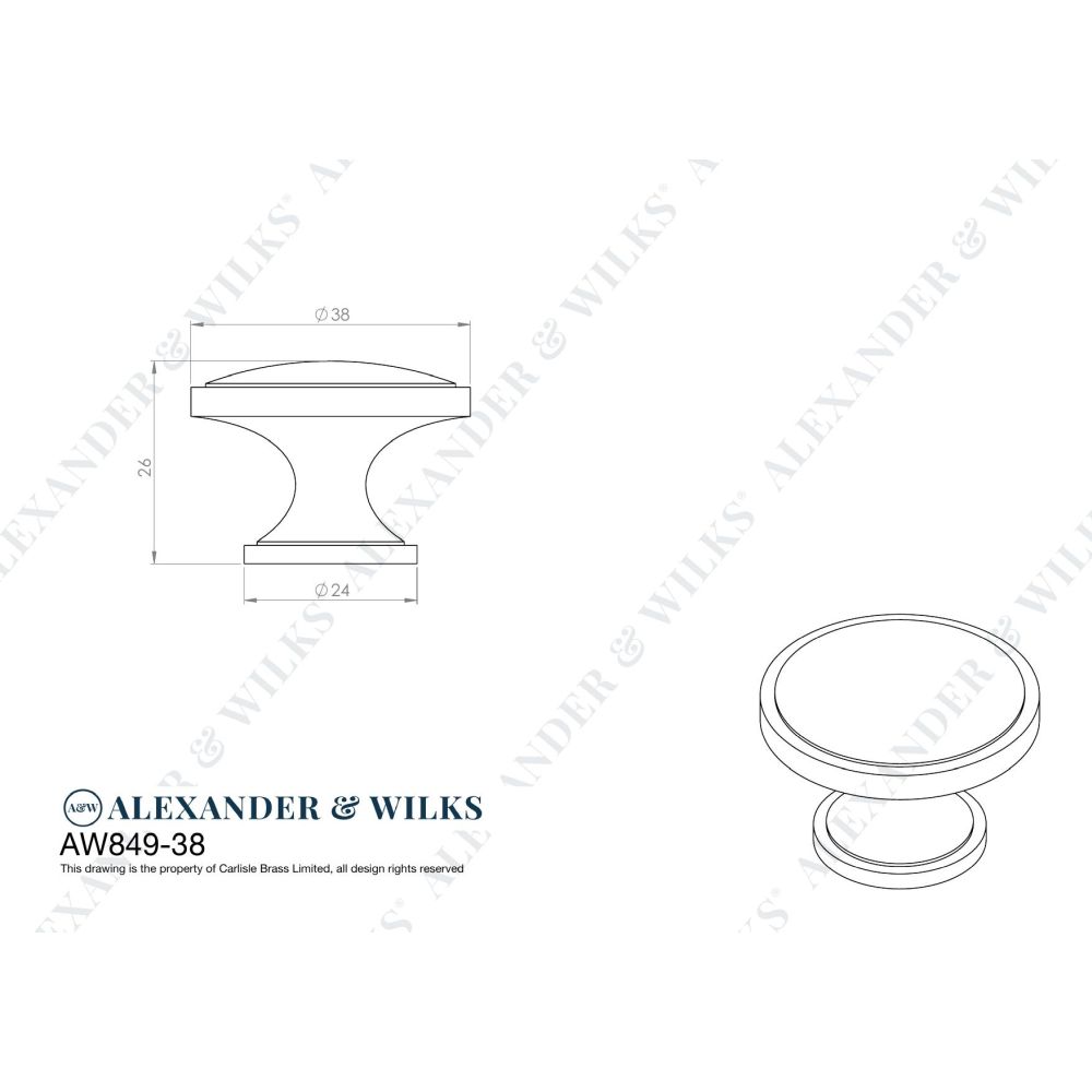 Line technical drawing image of Alexander & Wilks - Cambridge Round Cabinet Knob - Satin Nickel | Sku. aw849-38-sn | Trade Door Handles.