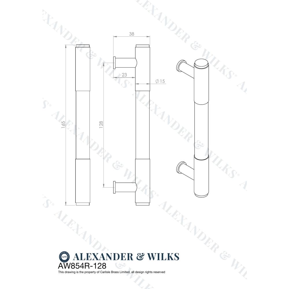 Line technical drawing image of Alexander & Wilks - Washington Reeded End Cabinet Pull-Black-128mm | Sku. aw854r-128-bl | Trade Door Handles.