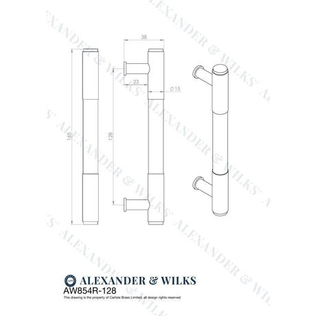 Line technical drawing image of Alexander & Wilks - Washington Reeded End Cabinet Pull-Satin Brass PVD-128mm | Sku. aw854r-128-sbpvd | Trade Door Handles.