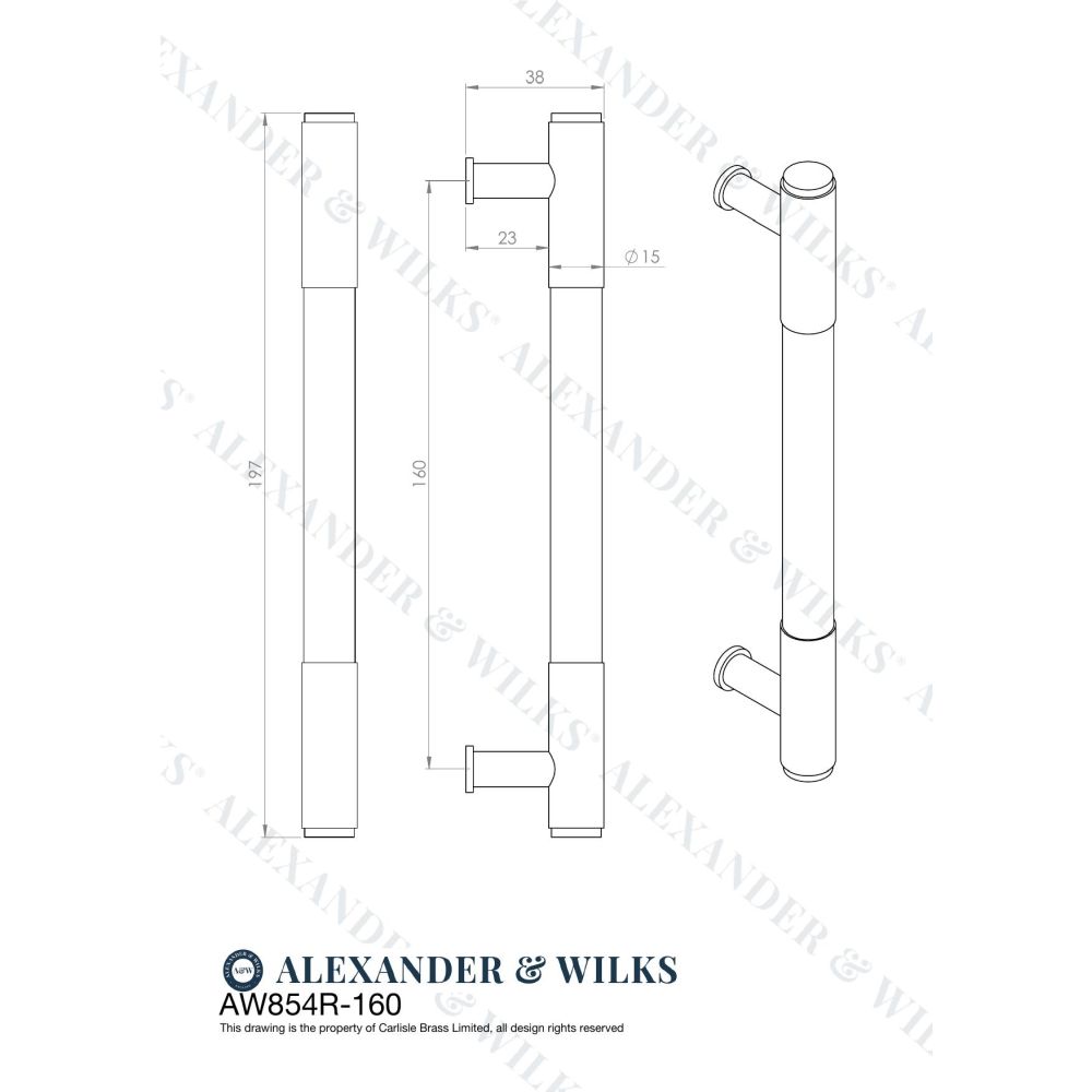 Line technical drawing image of Alexander & Wilks - Washington Reeded End Cabinet Pull-Antique Brass-160mm | Sku. aw854r-160-ab | Trade Door Handles.