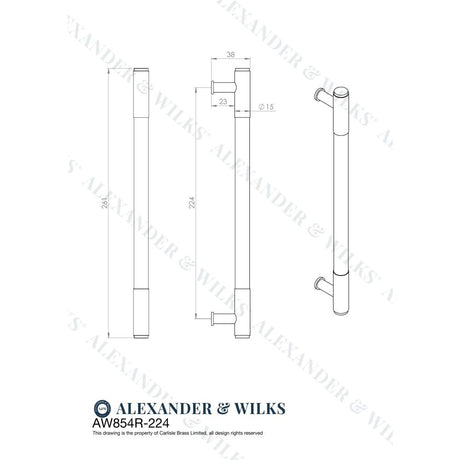 Line technical drawing image of Alexander & Wilks - Washington Reeded End Cabinet Pull-Antique Brass-224mm | Sku. aw854r-224-ab | Trade Door Handles.