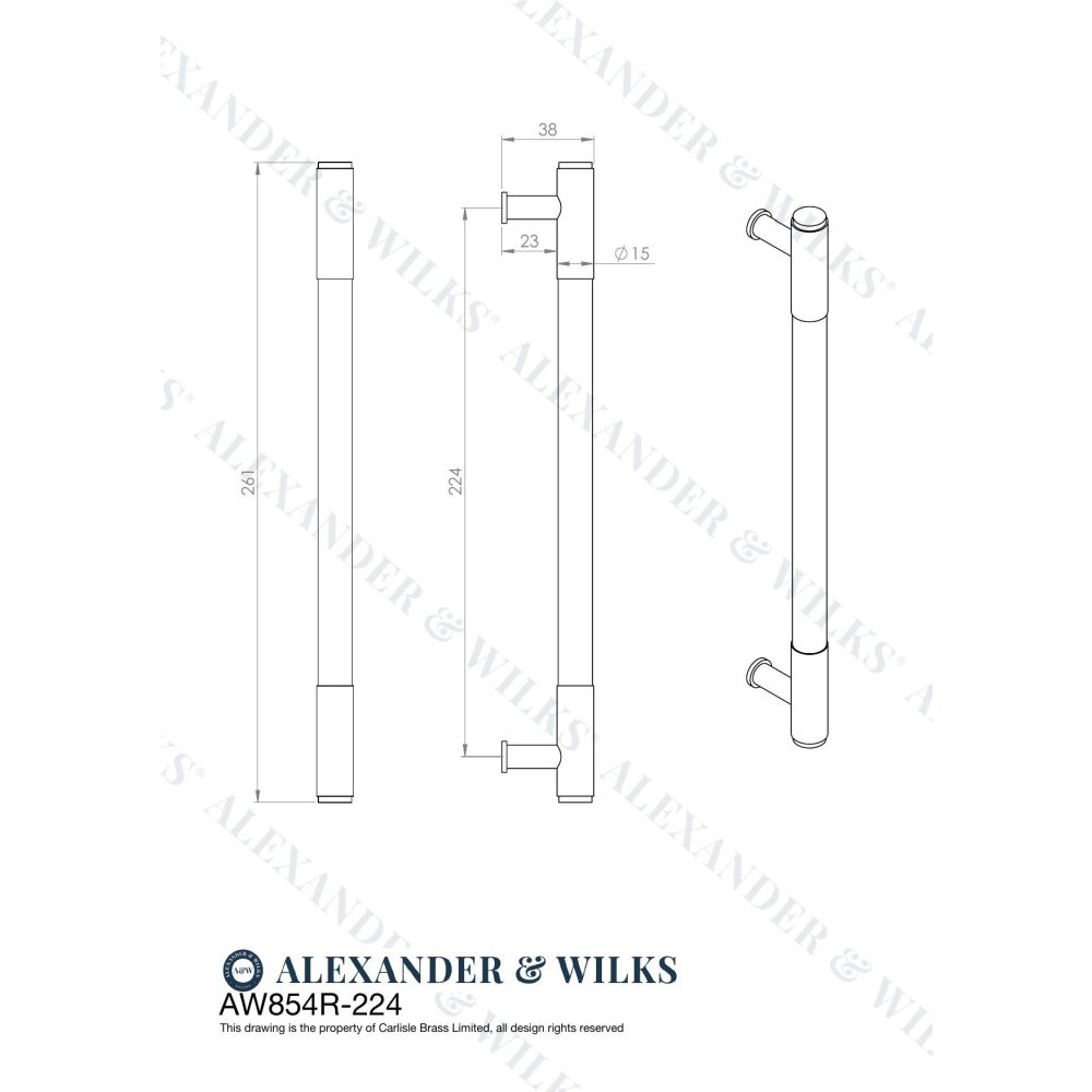 Line technical drawing image of Alexander & Wilks - Washington Reeded End Cabinet Pull-Dark Bronze PVD-224mm | Sku. aw854r-224-dbzpvd | Trade Door Handles.