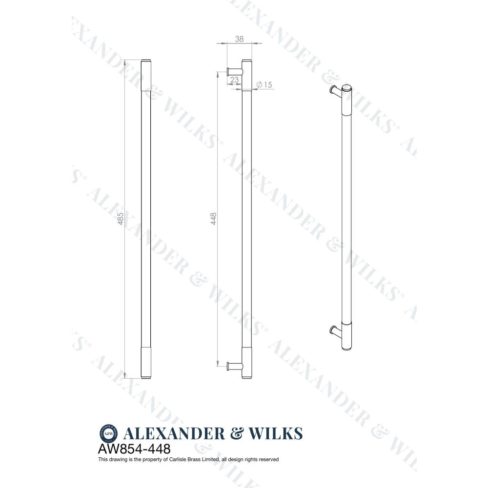 Line technical drawing image of Alexander & Wilks - Washington Reeded End Cabinet Pull-Antique Brass-448mm | Sku. aw854r-448-ab | Trade Door Handles.
