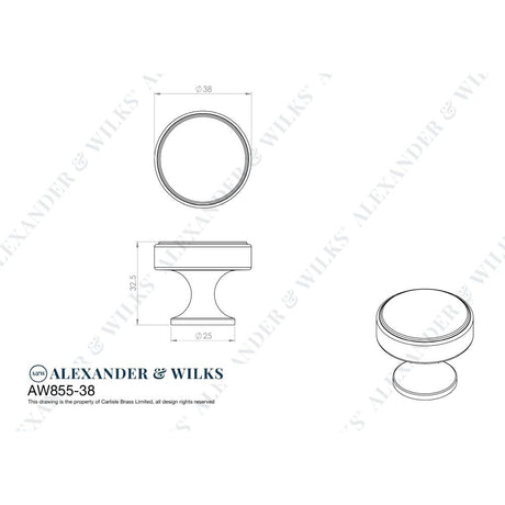 Line technical drawing image of Alexander & Wilks - Havana Cabinet Knob-Black | Sku. aw855-38-bl | Trade Door Handles.