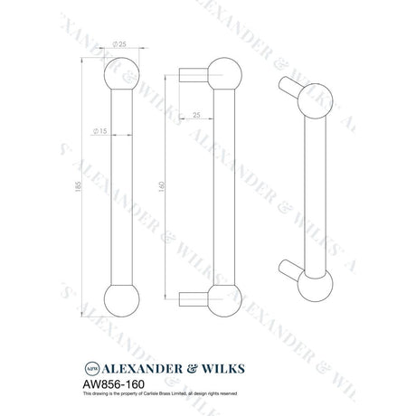 Line technical drawing image of Alexander & Wilks Caesar Cabinet Pull Handle-Satin Nickel PVD-160mm Centres | Sku. AW856-160-SN | Trade Door Handles.