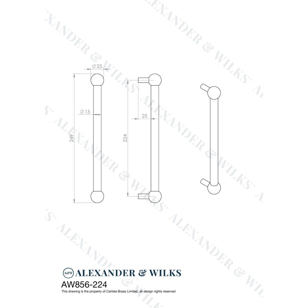 Line technical drawing image of Alexander & Wilks Caesar Cabinet Pull Handle-Dark Bronze PVD-224mm Centres | Sku. AW856-224-DBZPVD | Trade Door Handles.