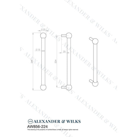 Line technical drawing image of Alexander & Wilks Caesar Cabinet Pull Handle-Satin Nickel PVD-224mm Centres | Sku. AW856-224-SN | Trade Door Handles.