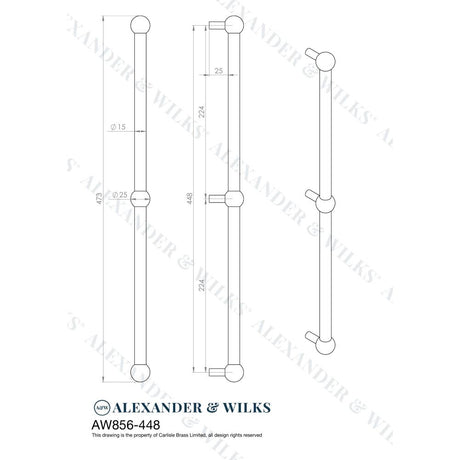 Line technical drawing image of Alexander & Wilks Caesar Cabinet Pull Handle-Dark Bronze PVD-448mm Centres | Sku. AW856-448-DBZPVD | Trade Door Handles.