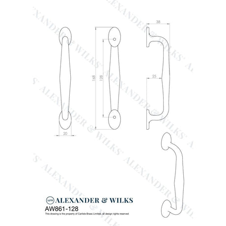 Line technical drawing image of Alexander & Wilks Ashbury Cabinet Pull Handle-Black-128mm Centres | Sku. AW861-128-BL | Trade Door Handles.