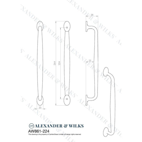 Line technical drawing image of Alexander & Wilks Ashbury Cabinet Pull Handle-Satin Brass-224mm Centres | Sku. AW861-224-SB | Trade Door Handles.