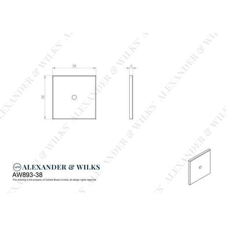 Line technical drawing image of Alexander & Wilks Quantock Square Backplate - Satin Nickel | Sku. aw893-38-sn | Trade Door Handles.