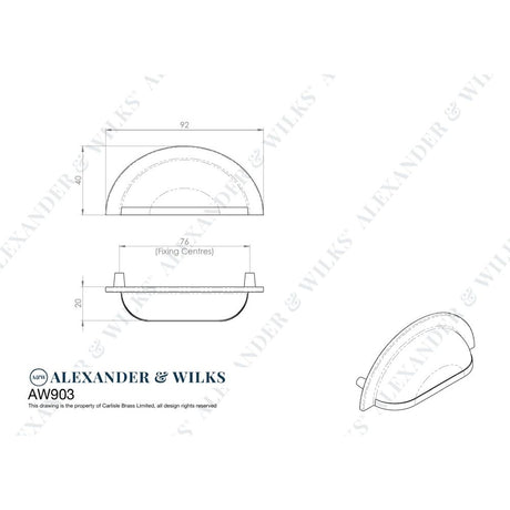 Line technical drawing image of Alexander & Wilks Bardom Ridged Cabinet Cup Pull - Polished Chrome | Sku. aw903pc | Trade Door Handles.