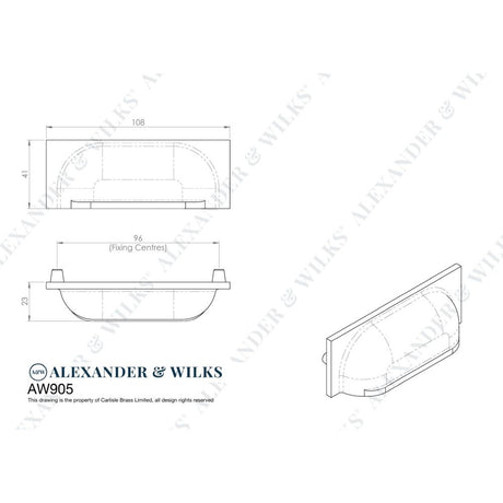 Line technical drawing image of Alexander & Wilks Quantock Cup Pull Handle - Polished Chrome - Centers 96mm | Sku. aw905pc | Trade Door Handles.