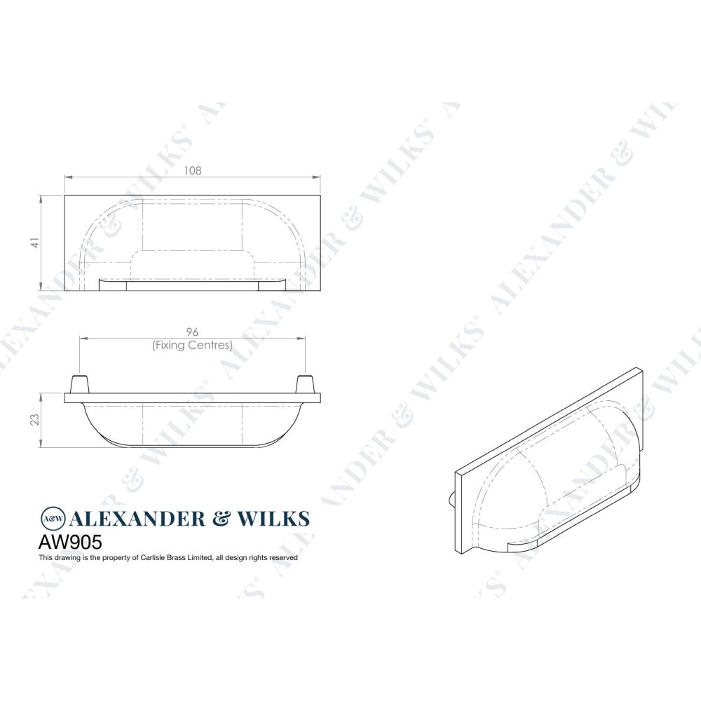 Line technical drawing image of Alexander & Wilks Quantock Cup Pull Handle - Satin Brass - Centers 96mm | Sku. aw905sbpvd | Trade Door Handles.
