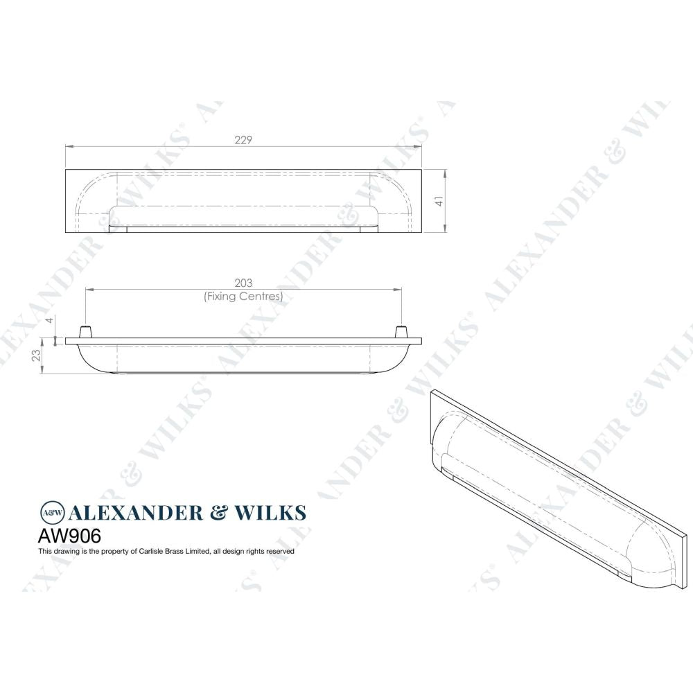 Line technical drawing image of Alexander & Wilks Quantock Cup Pull Handle - Black - Centres 203mm | Sku. aw906bl | Trade Door Handles.