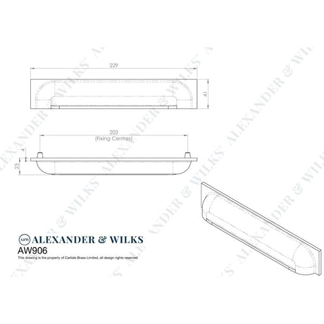 Line technical drawing image of Alexander & Wilks Quantock Cup Pull Handle - Polished Chrome - Centres 203mm | Sku. aw906pc | Trade Door Handles.