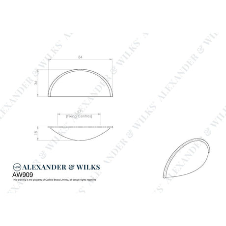 Line technical drawing image of Alexander & Wilks Quieslade Cup Handle - Polished Chrome | Sku. aw909pc | Trade Door Handles.