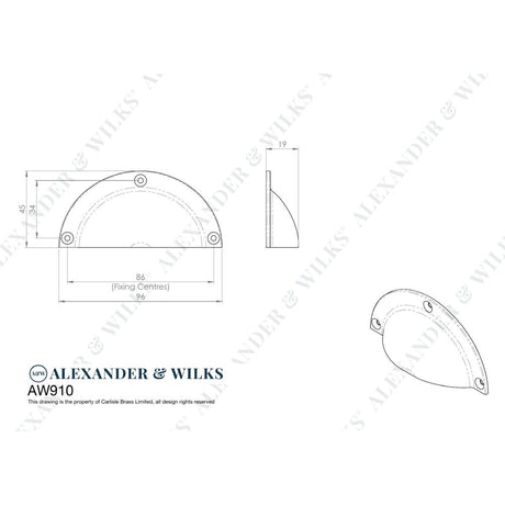 Line technical drawing image of Alexander & Wilks Raoul Cup Handle - Polished Chrome | Sku. aw910pc | Trade Door Handles.