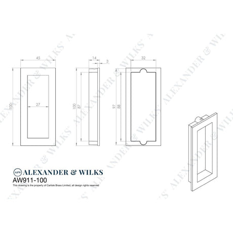 Line technical drawing image of Alexander & Wilks - RECTANGULAR FLUSH PULL - 100X45MM - Satin Brass PVD | Sku. aw911-100-sbpvd | Trade Door Handles.