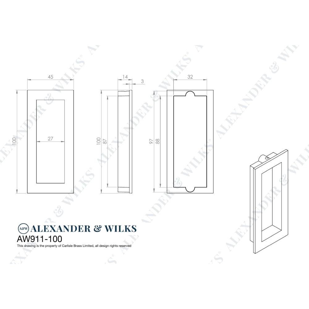 Line technical drawing image of Alexander & Wilks - RECTANGULAR FLUSH PULL - 100X45MM - Satin Nickel | Sku. aw911-100-sn | Trade Door Handles.
