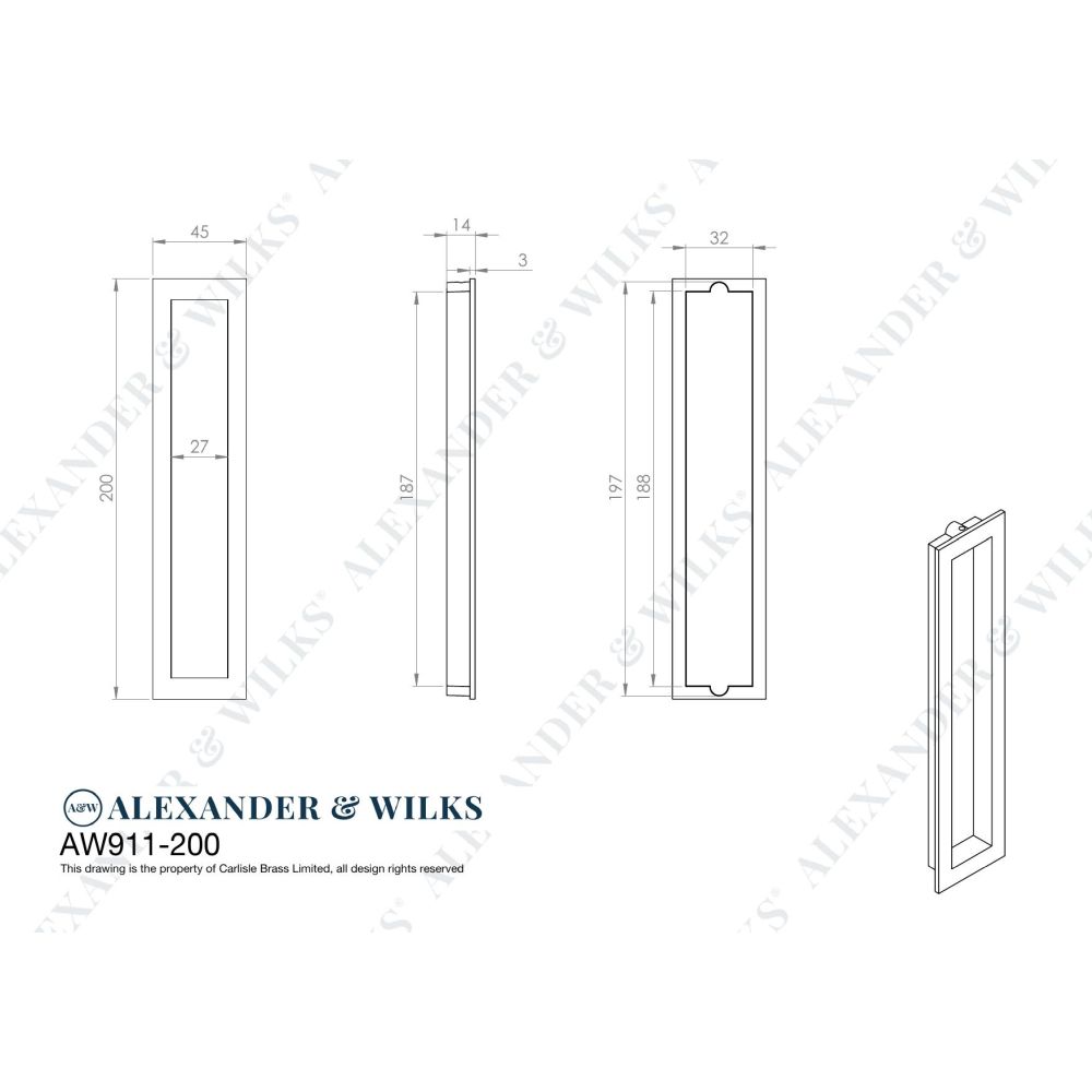 Line technical drawing image of Alexander & Wilks Rectangular flush pull - 100x45mm-Black-200mm | Sku. AW911-200-BL | Trade Door Handles.