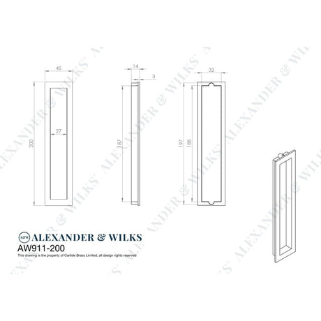 Line technical drawing image of Alexander & Wilks Rectangular flush pull - 100x45mm-Black-200mm | Sku. AW911-200-BL | Trade Door Handles.