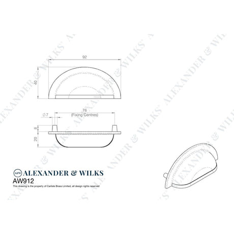 Line technical drawing image of Alexander & Wilks Bardom Hammered Ridged Cup Pull-Dark Bronze | Sku. AW912DBZ | Trade Door Handles.