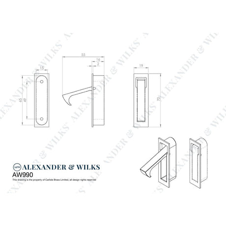 Line technical drawing image of Alexander & Wilks - Square Sliding Door Edge Pull - Antique Brass | Sku. aw990ab | Trade Door Handles.