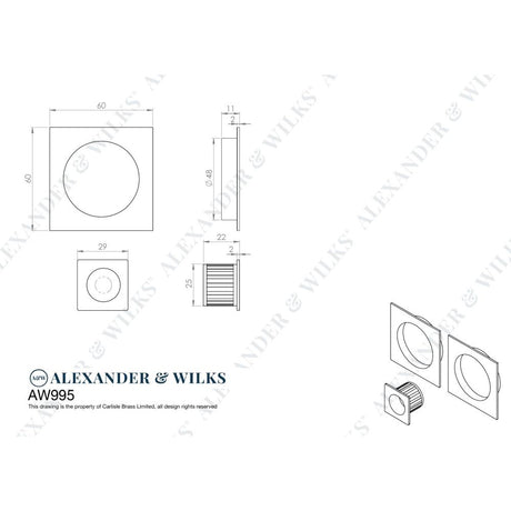 Line technical drawing image of Alexander & Wilks - Square sliding door pull kit-Antique Brass | Sku. aw995ab | Trade Door Handles.