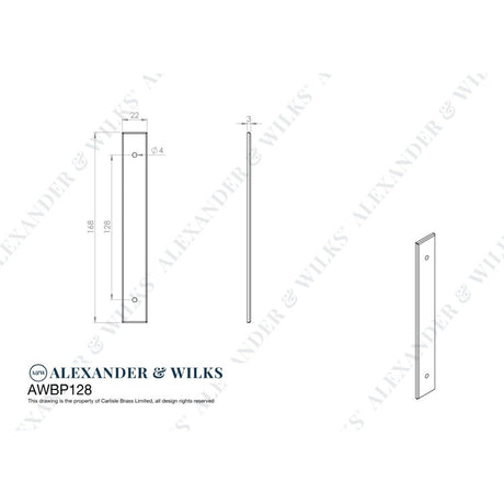 Line technical drawing image of Alexander & Wilks - Rectangular Cabinet Pull Backplate-Black-168X22X3mm - 128mm C/C | Sku. awbp128bl | Trade Door Handles.