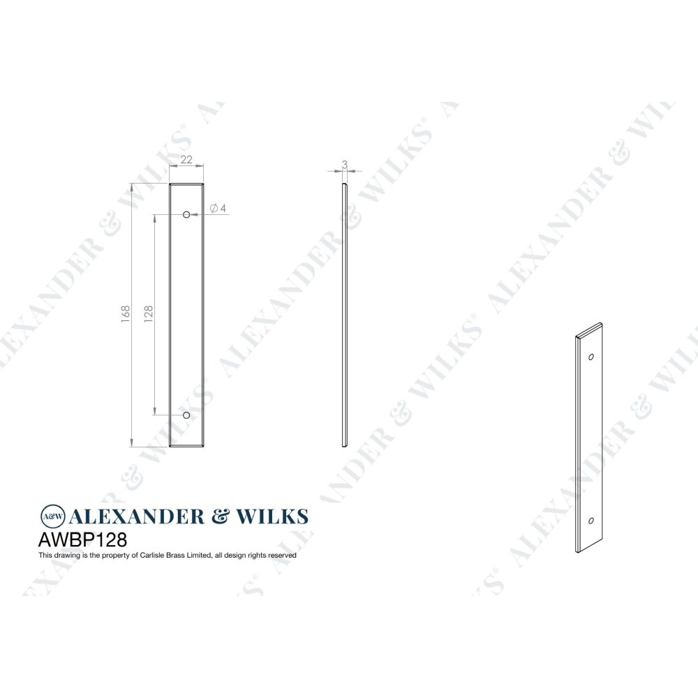 Line technical drawing image of Alexander & Wilks - Rectangular Cabinet Pull Backplate-Satin Nickel-168X22X3mm - 128mm C/C | Sku. awbp128sn | Trade Door Handles.