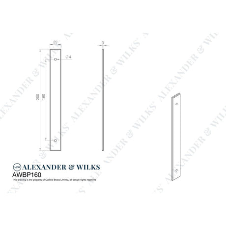 Line technical drawing image of Alexander & Wilks - Rectangular Cabinet Pull Backplate-Polished Nickel-200X22X3mm - 160mm C/C | Sku. awbp160pn | Trade Door Handles.