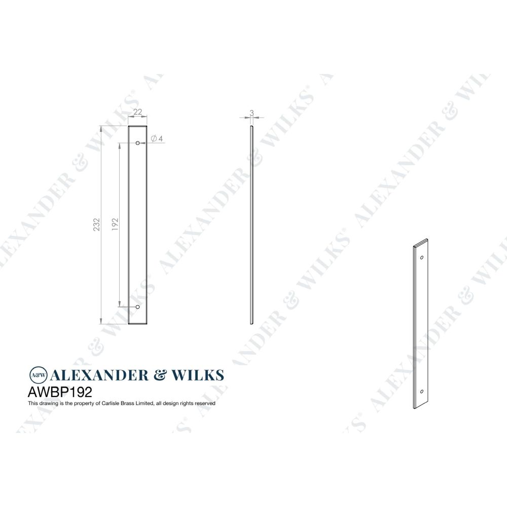 Line technical drawing image of Alexander & Wilks - Rectangular Cabinet Pull Backplate-Satin Brass Pvd-232X22X3mm - 192mm C/C | Sku. awbp192sbpvd | Trade Door Handles.