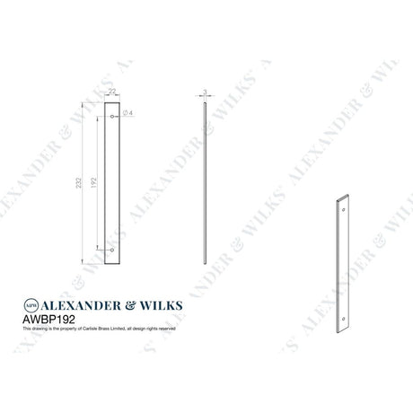 Line technical drawing image of Alexander & Wilks - Rectangular Cabinet Pull Backplate-Satin Brass Pvd-232X22X3mm - 192mm C/C | Sku. awbp192sbpvd | Trade Door Handles.
