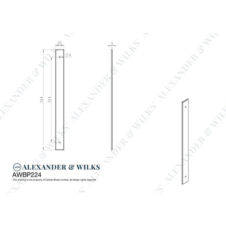 Line technical drawing image of Alexander & Wilks - Rectangular Cabinet Pull Backplate-Polished Nickel-264X22X3mm - 224mm C/C | Sku. awbp224pn | Trade Door Handles.