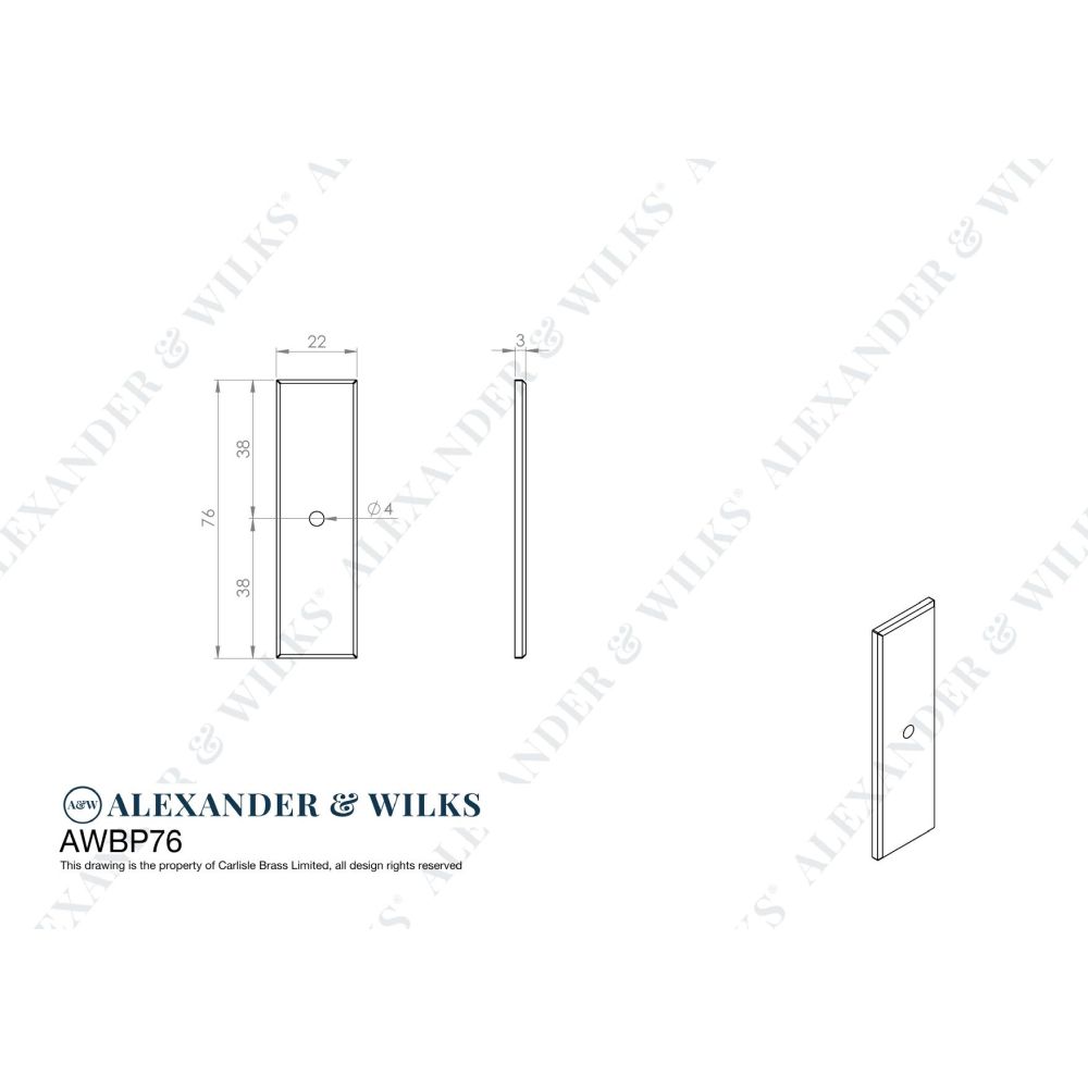 Line technical drawing image of Alexander & Wilks - Rectangular Cabinet Knob Backplate-Satin Brass Pvd | Sku. awbp76sbpvd | Trade Door Handles.