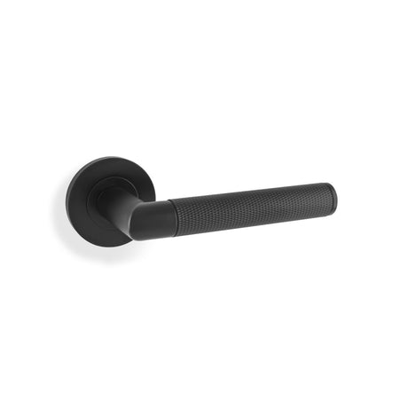 High quality image of Alexander & Wilks - Harrier Knurled Lever on Round Rose - Black | Sku. aw210bl | Trade Door Handles.