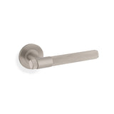 High quality image of Alexander & Wilks - Knurled Kingstone Lever on Round Rose - Satin Nickel PVD | Sku. aw240snpvd | Trade Door Handles.