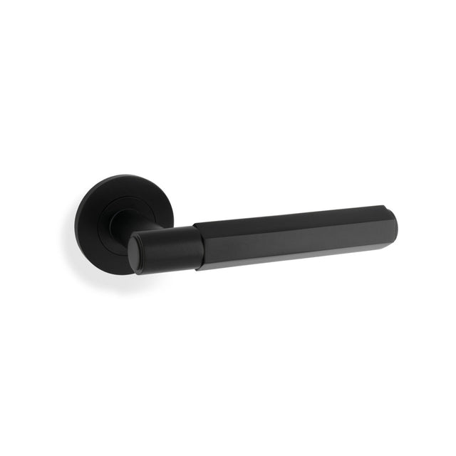 High quality image of Alexander & Wilks - Spitfire Hex Lever on Round Rose - Black | Sku. aw224bl | Trade Door Handles.