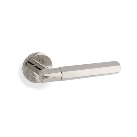 High quality image of Alexander & Wilks - Spitfire Hex Lever on Round Rose - Polished Nickel | Sku. aw224pn | Trade Door Handles.