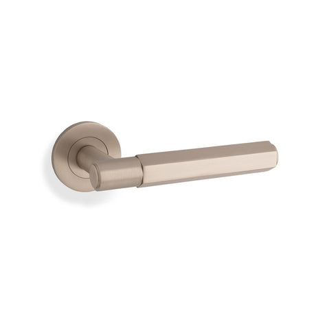 High quality image of Alexander & Wilks - Spitfire Hex Lever on Round Rose - Satin Nickel | Sku. aw224sn | Trade Door Handles.