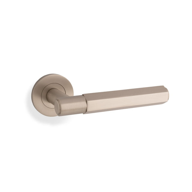High quality image of Alexander & Wilks - Spitfire Hex Lever on Round Rose - Satin Nickel | Sku. aw224sn | Trade Door Handles.